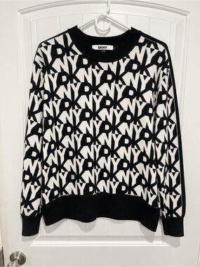 DKNY Logo Monogram Crewneck Sweater Black White Women’s L
